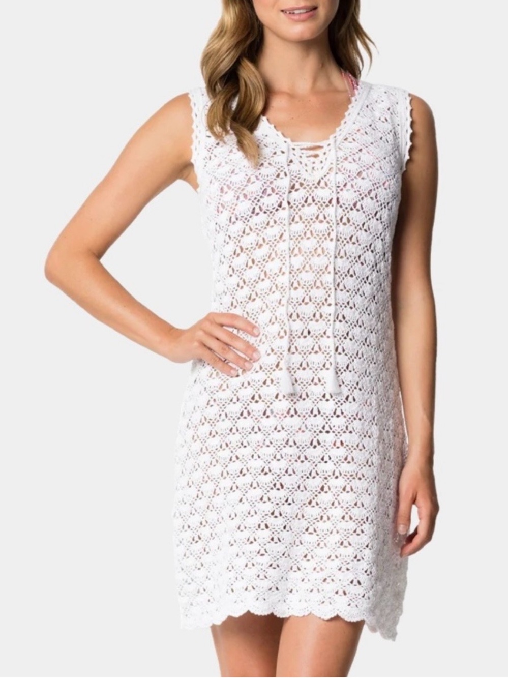 Letarte Swim Handmade White Crochet‎ Cotton Sleeveless Beach Dress Swim Coverup